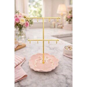 New Girly Shabby Chic W/ Bow Ceramic 2 Tier Tabletop Jewelry Organizer Stand